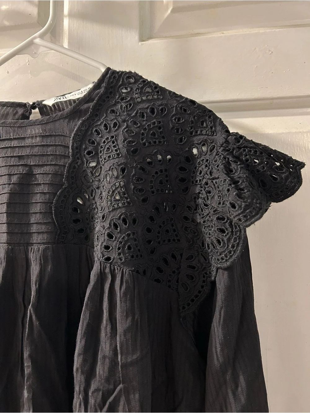 Zara Black Eyelet Yoke Long-Sleeve Blouse